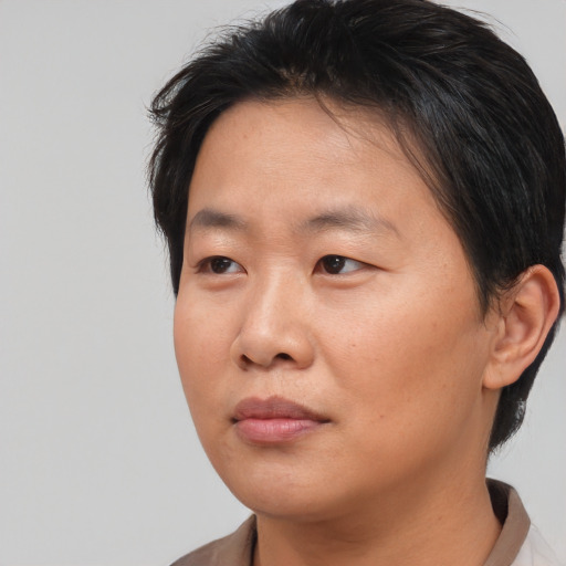 Neutral asian young-adult female with short  brown hair and brown eyes