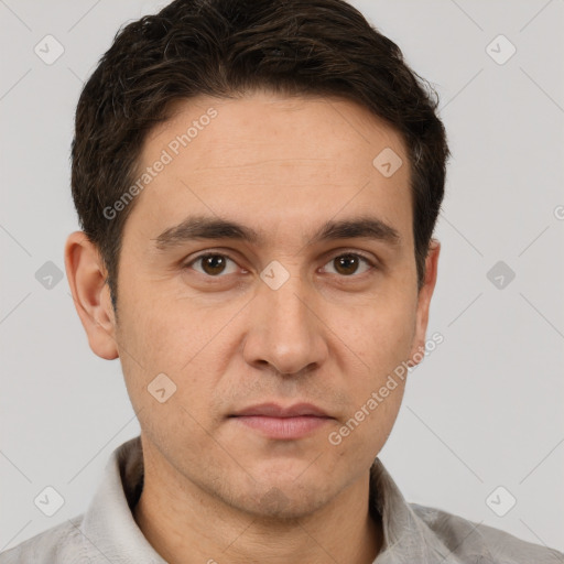 Neutral white adult male with short  brown hair and brown eyes