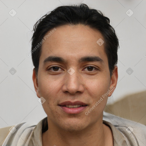 Joyful white young-adult male with short  black hair and brown eyes