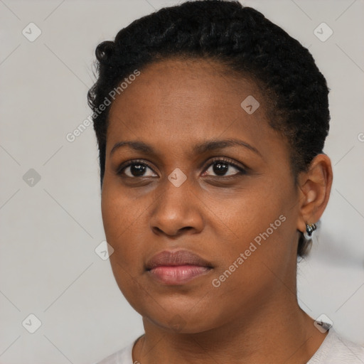 Neutral black young-adult female with short  brown hair and brown eyes