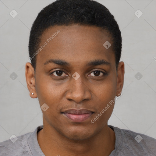 Neutral black young-adult male with short  black hair and brown eyes