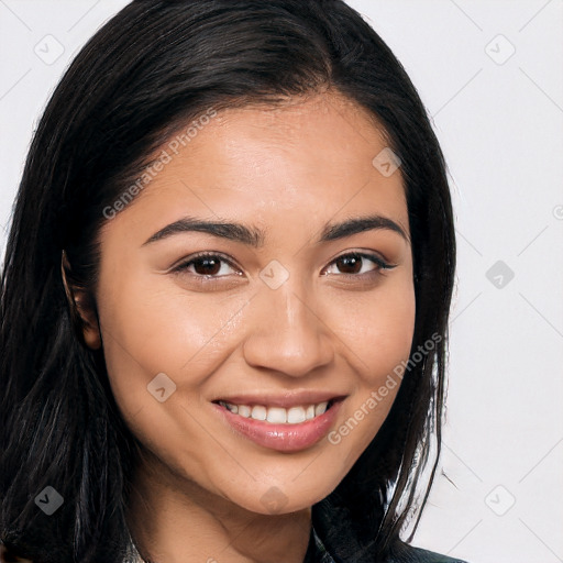 Joyful white young-adult female with long  brown hair and brown eyes