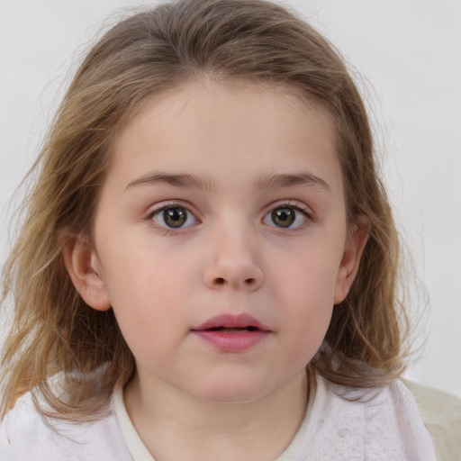 Neutral white child female with medium  brown hair and blue eyes