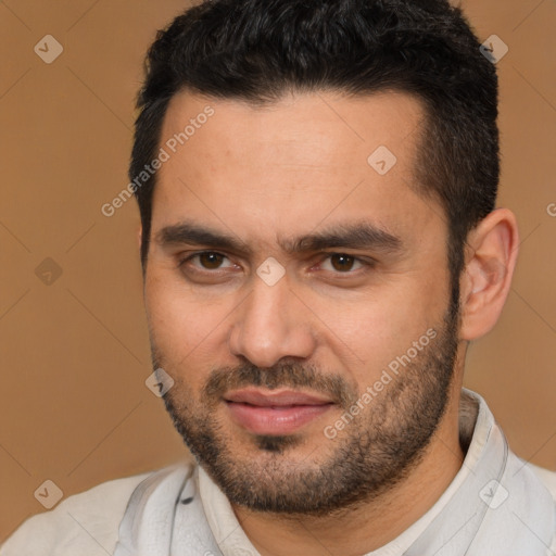 Joyful white young-adult male with short  brown hair and brown eyes