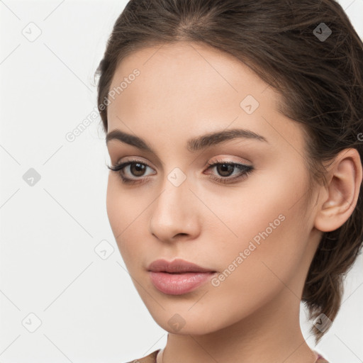 Neutral white young-adult female with medium  brown hair and brown eyes