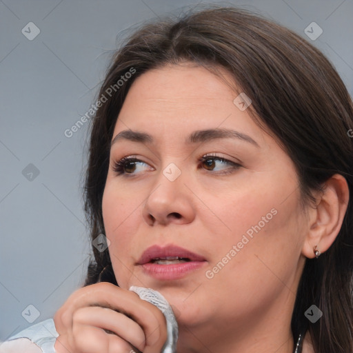 Neutral white young-adult female with medium  brown hair and brown eyes