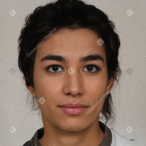 Neutral asian young-adult female with medium  brown hair and brown eyes