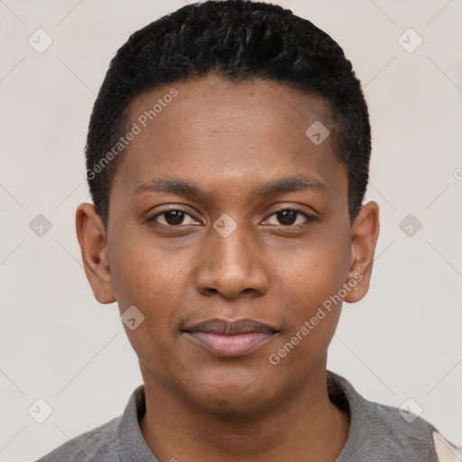 Neutral black young-adult male with short  black hair and brown eyes