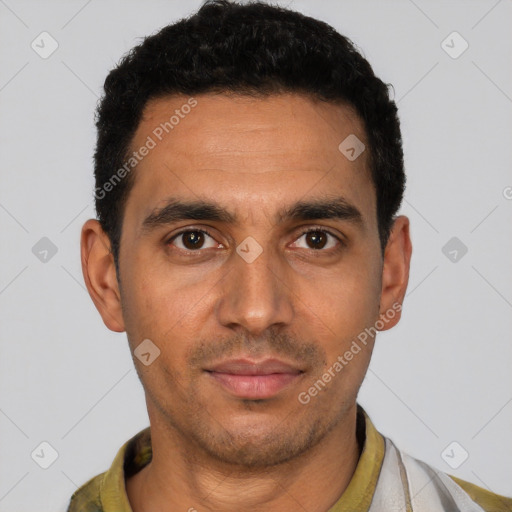 Neutral latino young-adult male with short  black hair and brown eyes