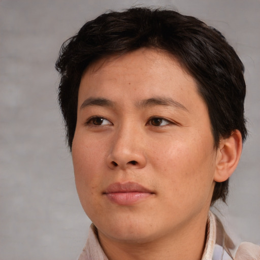 Neutral asian adult female with medium  brown hair and brown eyes