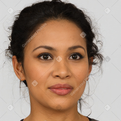 Joyful latino young-adult female with short  brown hair and brown eyes