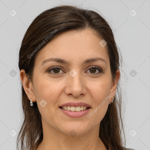 Joyful white young-adult female with long  brown hair and brown eyes