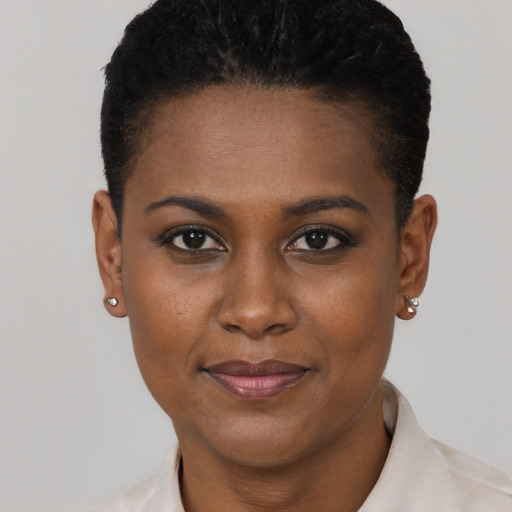 Joyful black young-adult female with short  black hair and brown eyes