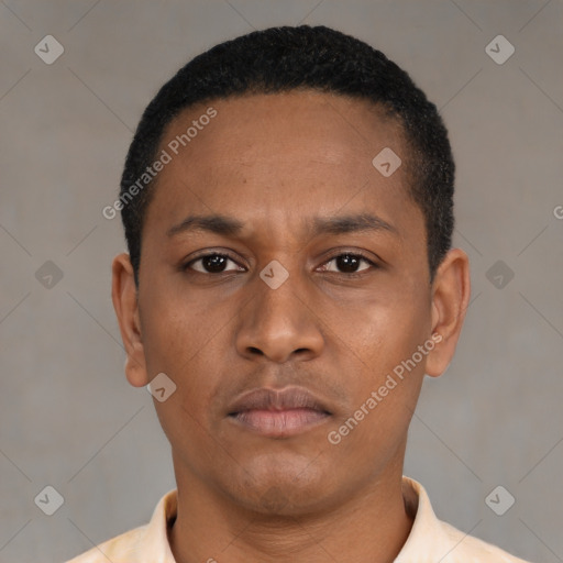 Neutral latino young-adult male with short  black hair and brown eyes