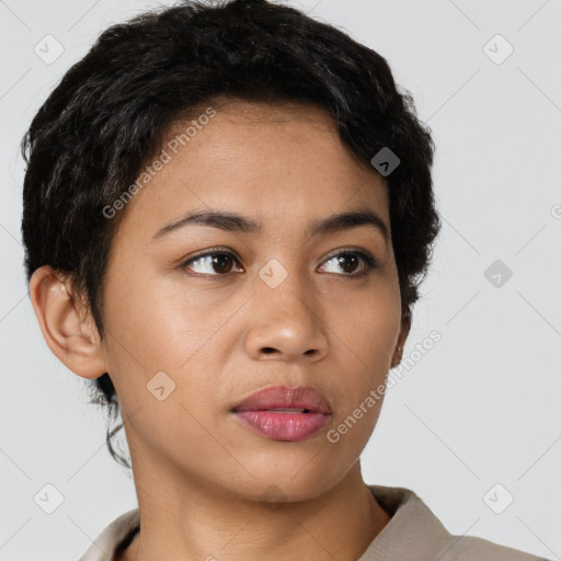 Neutral latino young-adult female with short  black hair and brown eyes