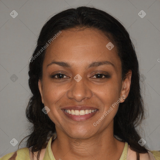 Joyful black young-adult female with medium  brown hair and brown eyes