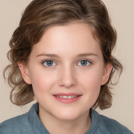 Joyful white child female with medium  brown hair and grey eyes