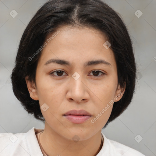 Neutral white young-adult female with medium  brown hair and brown eyes