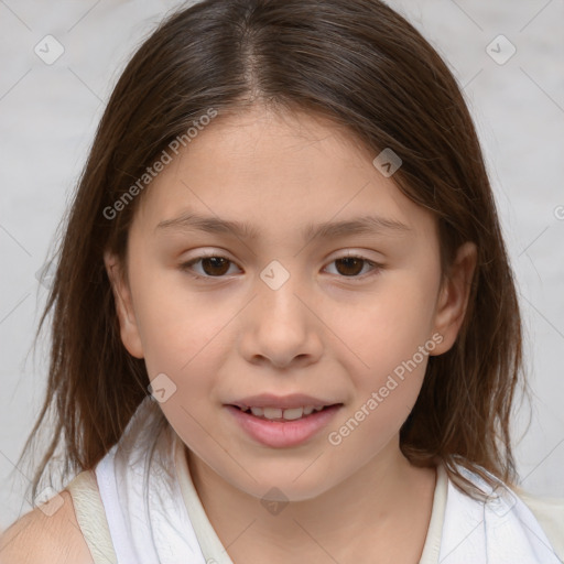 Joyful white child female with medium  brown hair and brown eyes