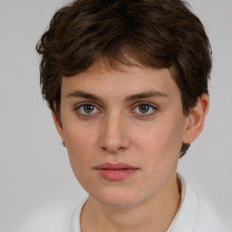 Neutral white young-adult female with short  brown hair and brown eyes