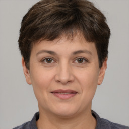 Joyful white adult female with short  brown hair and brown eyes