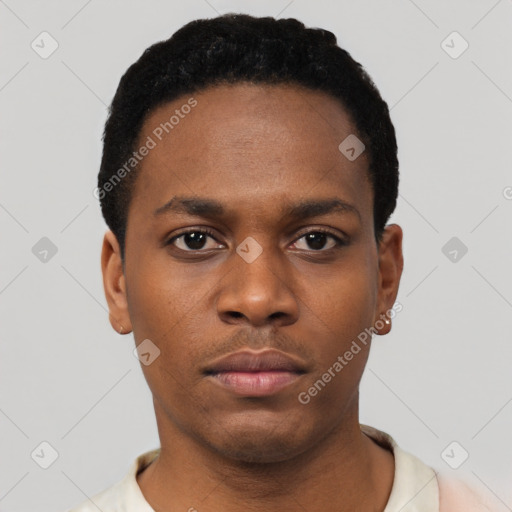 Neutral black young-adult male with short  black hair and brown eyes