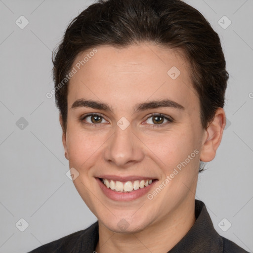 Joyful white young-adult female with short  brown hair and brown eyes