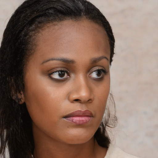 Joyful black young-adult female with long  brown hair and brown eyes