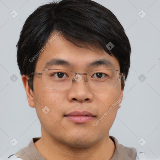 Neutral asian young-adult male with short  brown hair and brown eyes