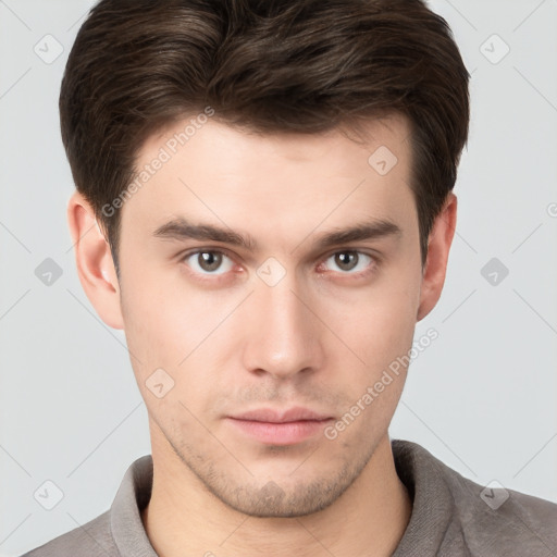 Neutral white young-adult male with short  brown hair and brown eyes