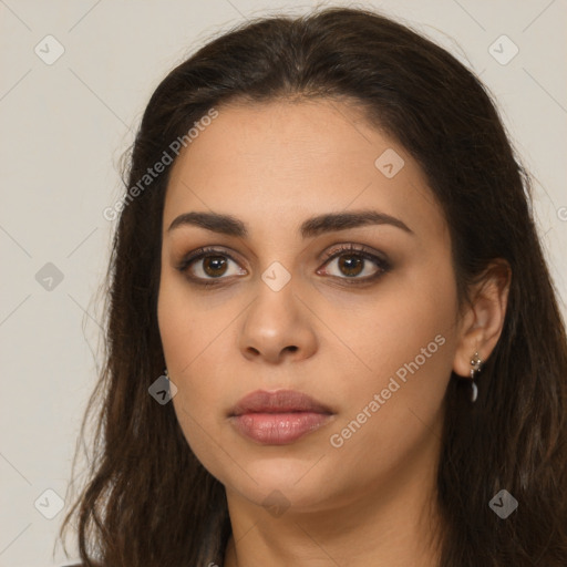 Neutral white young-adult female with long  brown hair and brown eyes