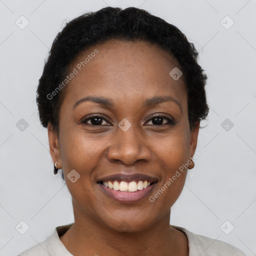 Joyful black young-adult female with short  black hair and brown eyes