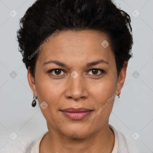 Joyful white adult female with short  brown hair and brown eyes