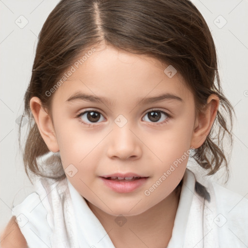 Joyful white child female with medium  brown hair and brown eyes