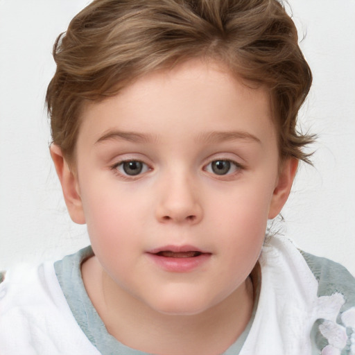 Neutral white child female with short  brown hair and blue eyes