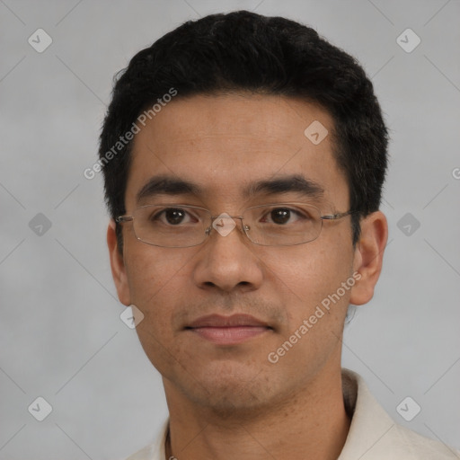 Neutral asian adult male with short  black hair and brown eyes