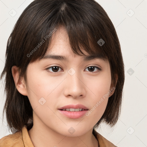 Neutral white young-adult female with medium  brown hair and brown eyes