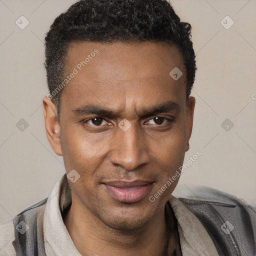 Joyful black adult male with short  black hair and brown eyes