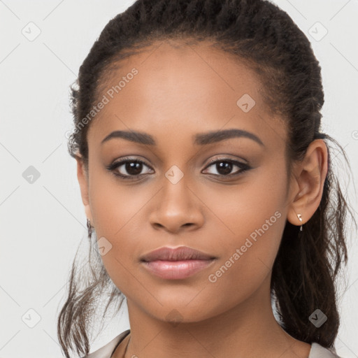 Joyful latino young-adult female with long  brown hair and brown eyes