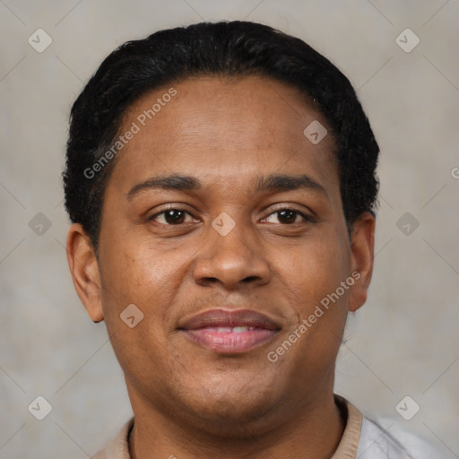 Joyful latino young-adult male with short  brown hair and brown eyes