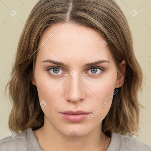 Neutral white young-adult female with medium  brown hair and green eyes