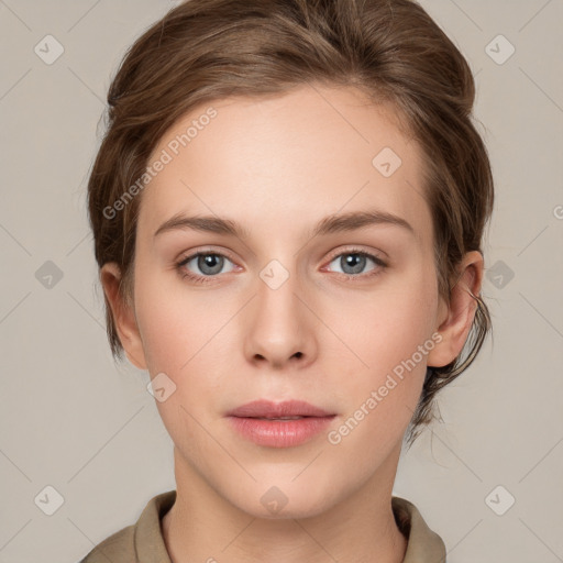 Neutral white young-adult female with medium  brown hair and grey eyes