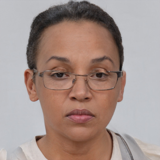 Neutral latino adult female with short  brown hair and brown eyes