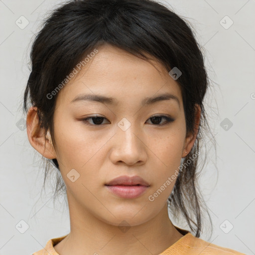 Neutral asian young-adult female with medium  brown hair and brown eyes