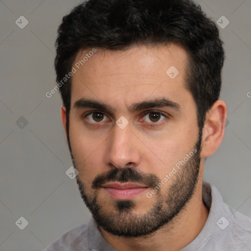 Neutral white young-adult male with short  black hair and brown eyes