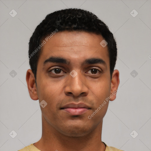 Neutral latino young-adult male with short  black hair and brown eyes