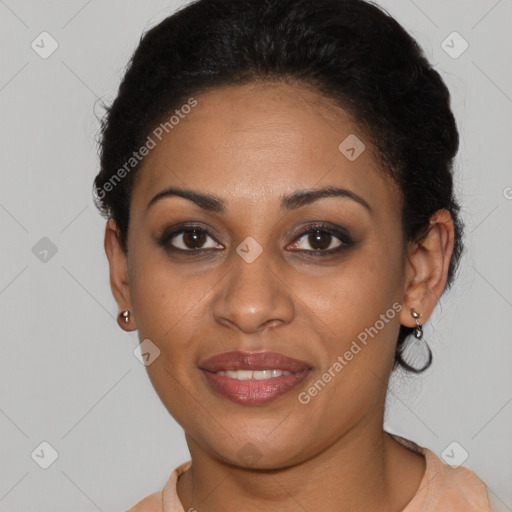 Joyful latino young-adult female with short  brown hair and brown eyes