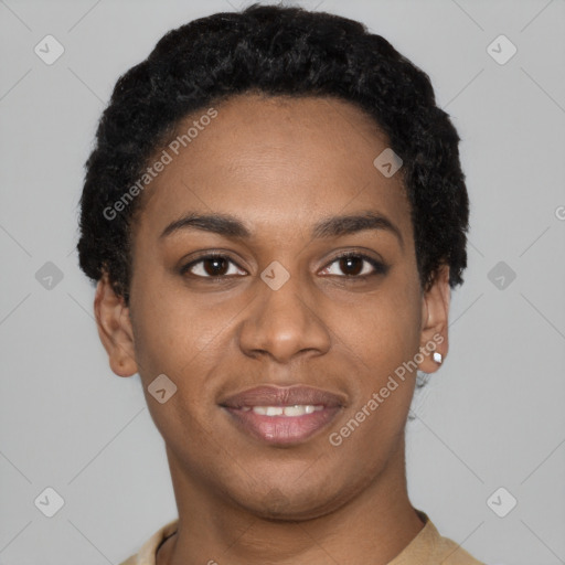 Joyful latino young-adult female with short  black hair and brown eyes