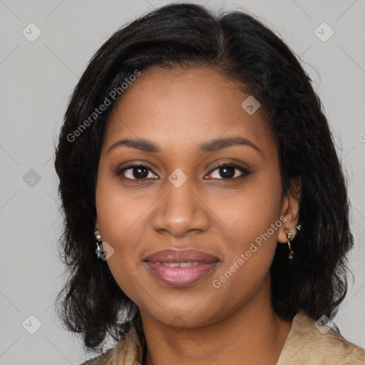 Joyful black young-adult female with long  brown hair and brown eyes