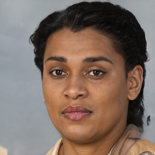 Joyful latino adult female with short  black hair and brown eyes